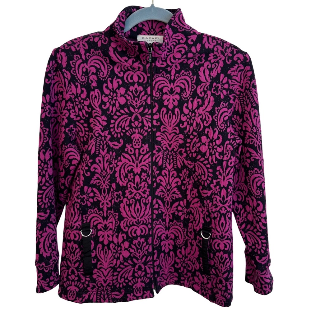 RAFAEL SPORT Womens Full Zip‎ Jacket Baroque Damask Print Black Pink Size M
